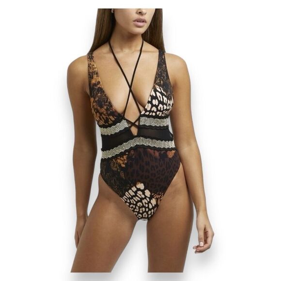 River Island - Womens Brown Animal Print Plunge One Piece Swimsuit - Picture 11 of 11